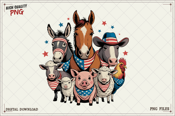 Patriotic Farm Animals 4th of July PNG: A Country Summer Design Asset