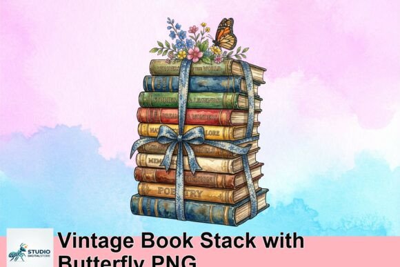 Whimsical Design: The Vintage Book Stack with Butterfly PNG
